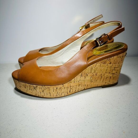 Michael Kors Women's Size 8M Tan Sling Wedge Cork Open Toe  Leather Sandals - Picture 6 of 6